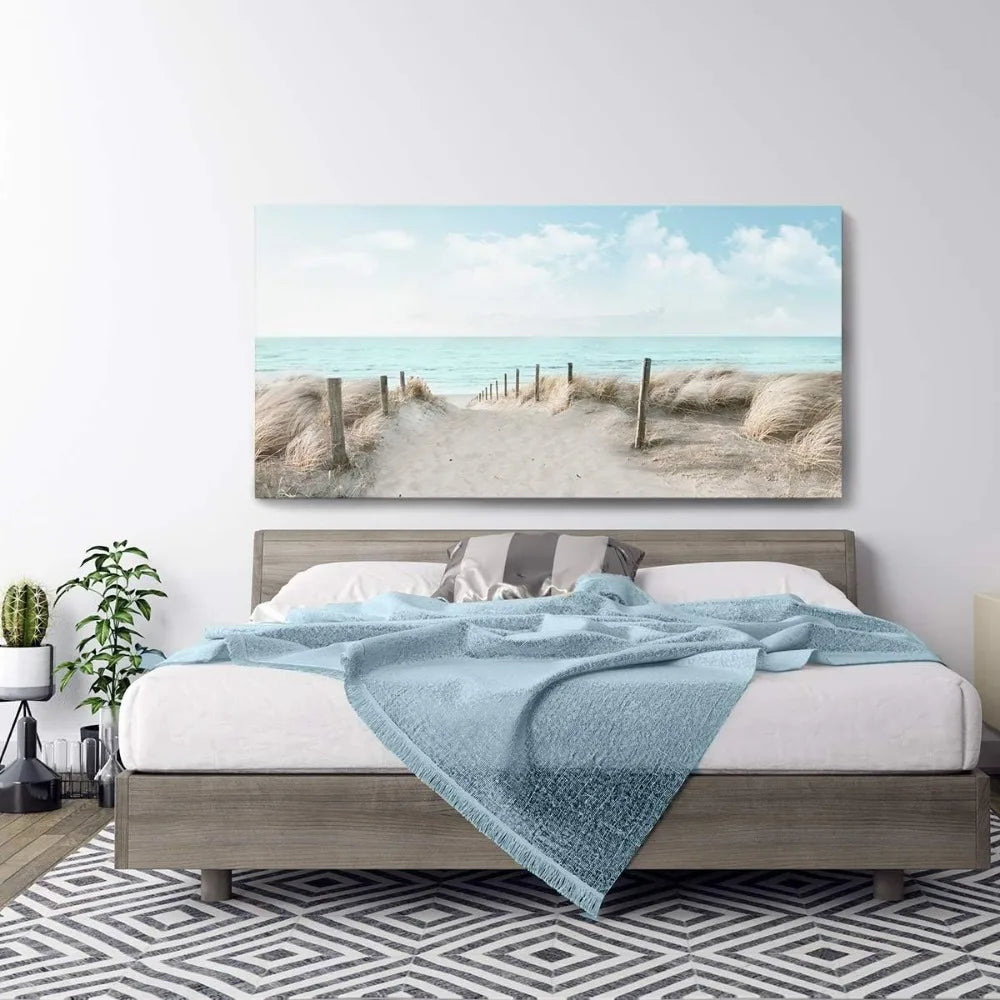 Sky Beach Painting, Framed Canvas Art, Modern Coastal Landscape