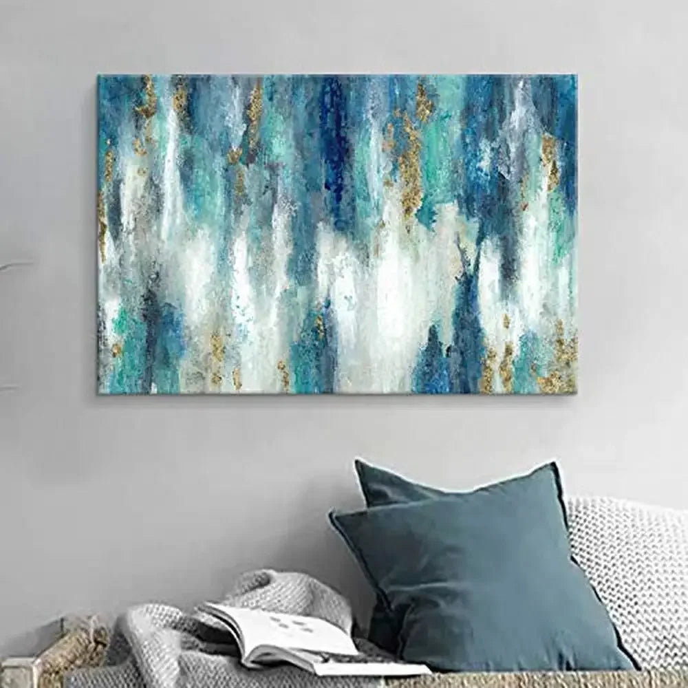Blue Gold Abstract Canvas Wall Art, Modern Teal Painting Decor