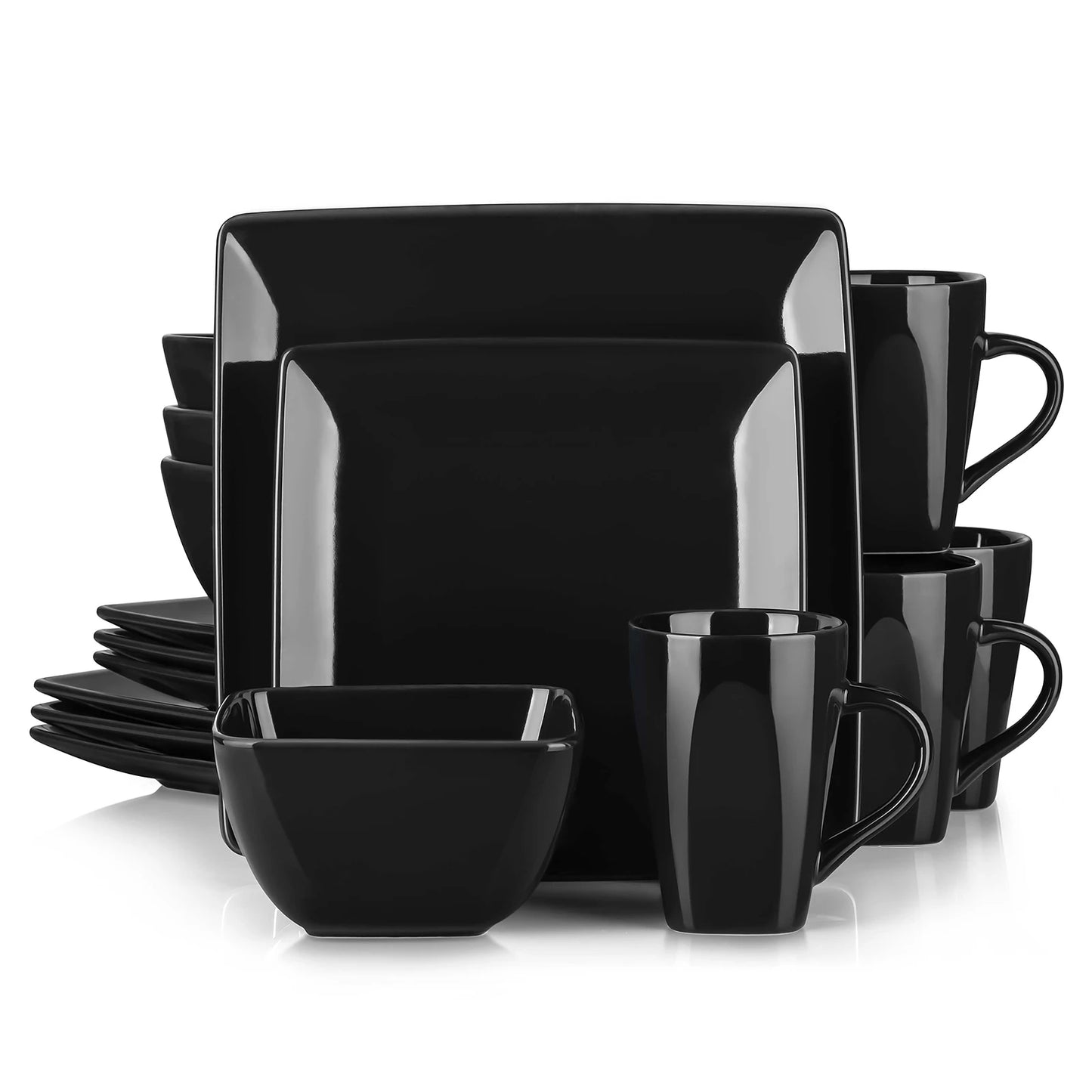 48-Piece Black Ceramic Porcelain Square Dinnerware Set