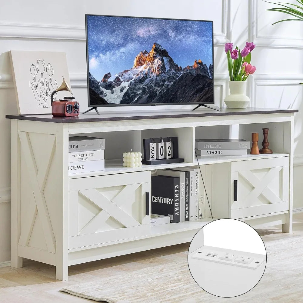 Rustic White Farmhouse TV Stand/Entertainment Center with Power Outlets