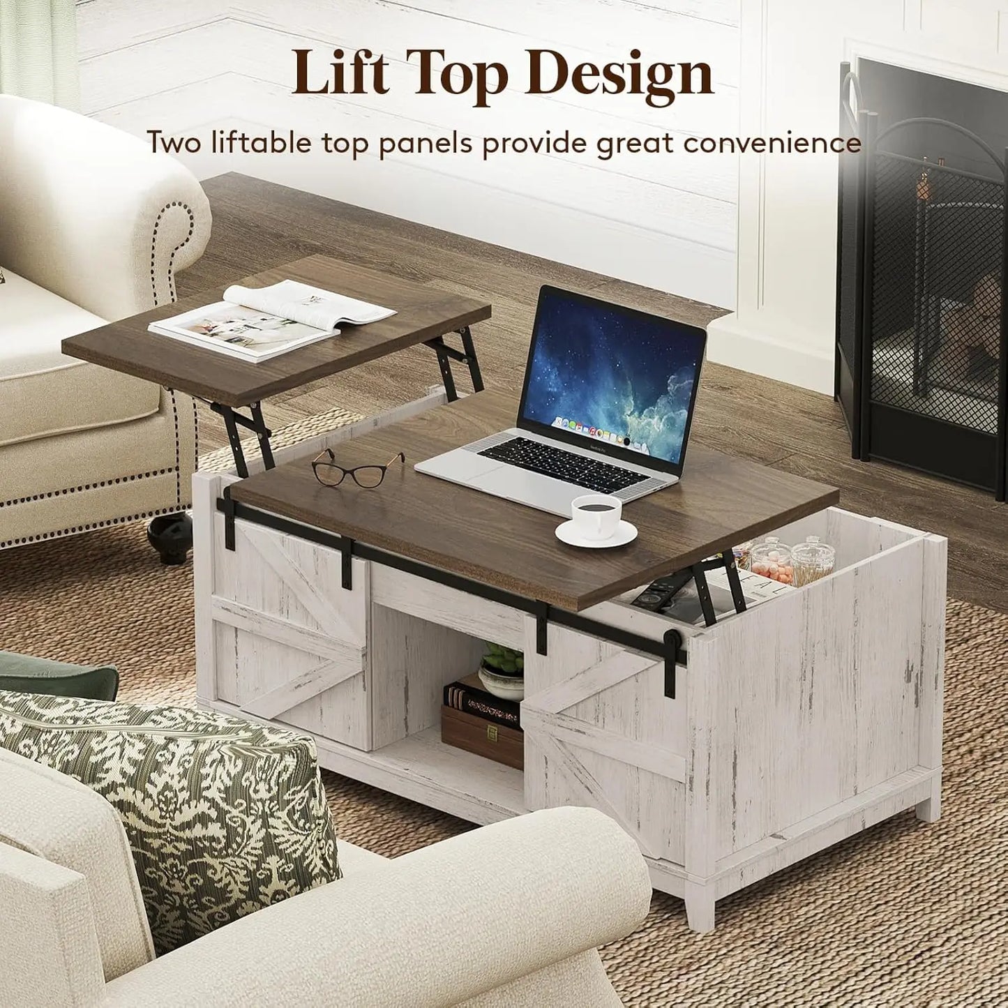 Farmhouse Coffee Table with Sliding Barn Doors and Storage