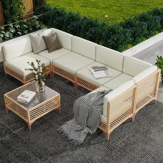 Outdoor Patio Set, Sectional Furniture with Glass Table and Cushions