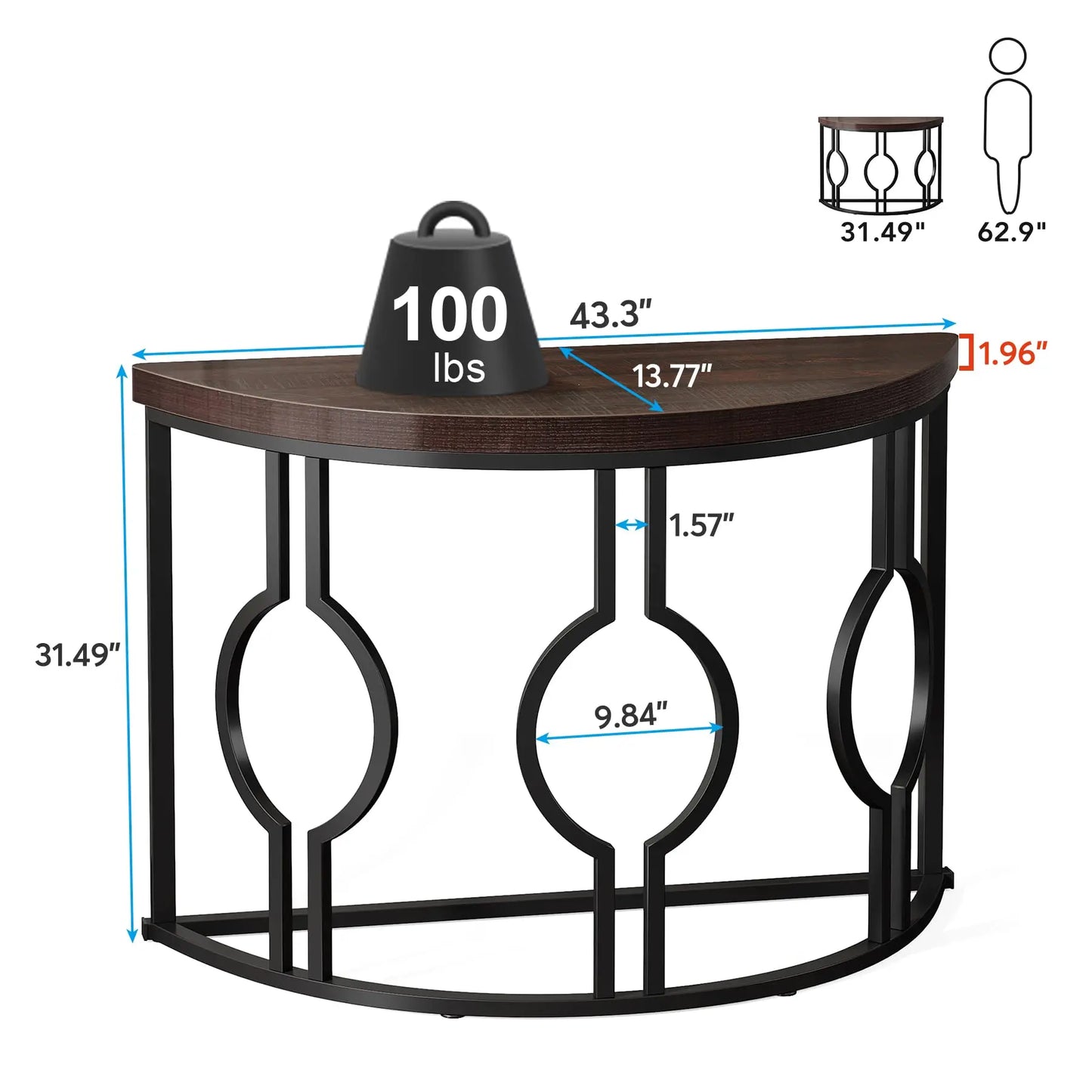 Half Moon Console Table for Entryway, Semi Circle Sofa Table