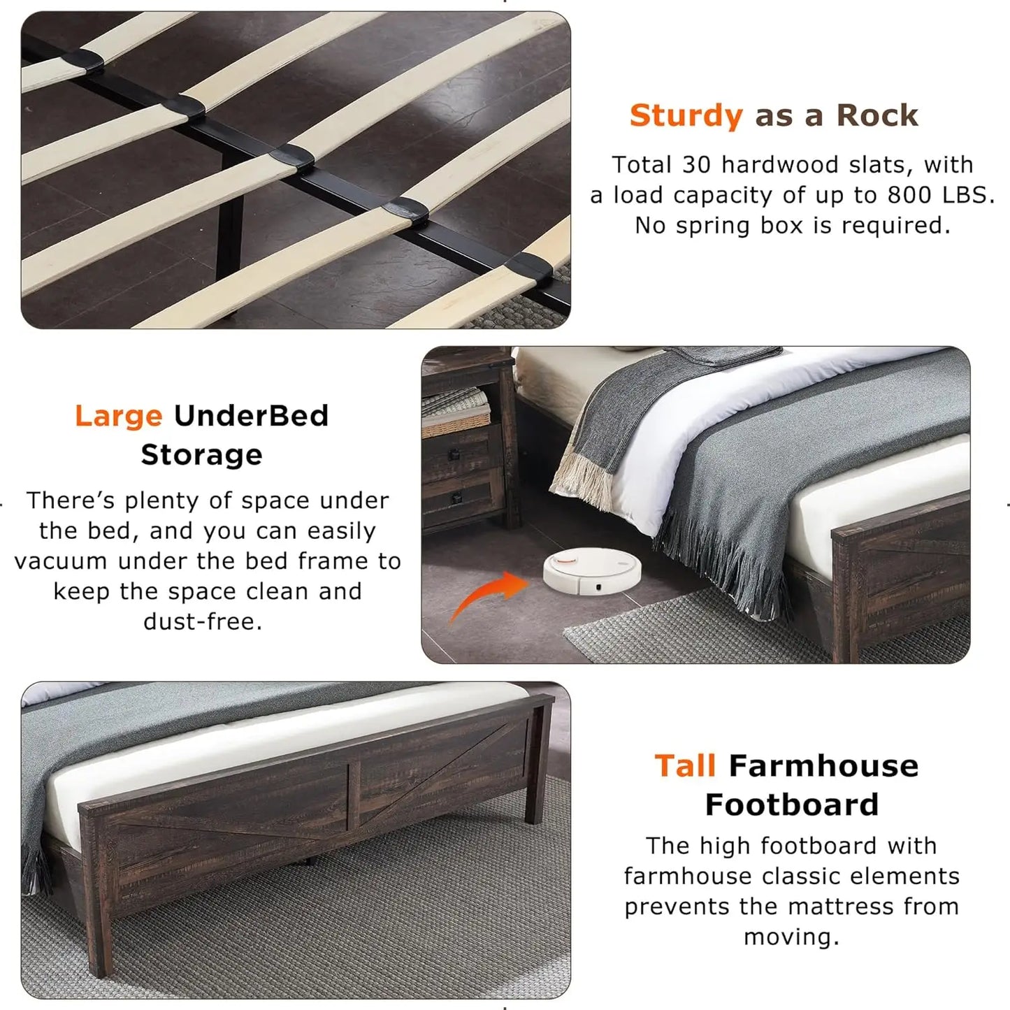 Farmhouse King Bed Frame w/Storage, Wooden Platform Bed