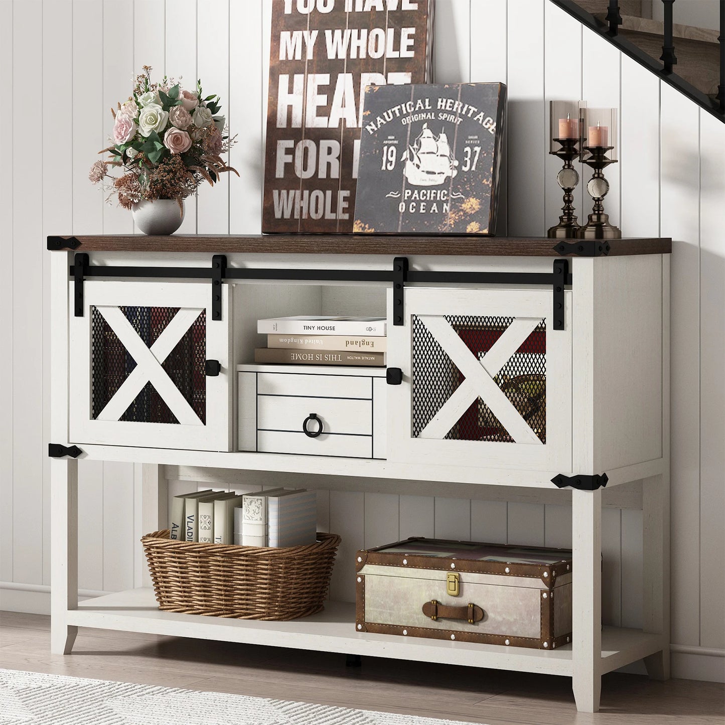 Farmhouse Entryway Table, Large Storage Console, Wood Accent Table