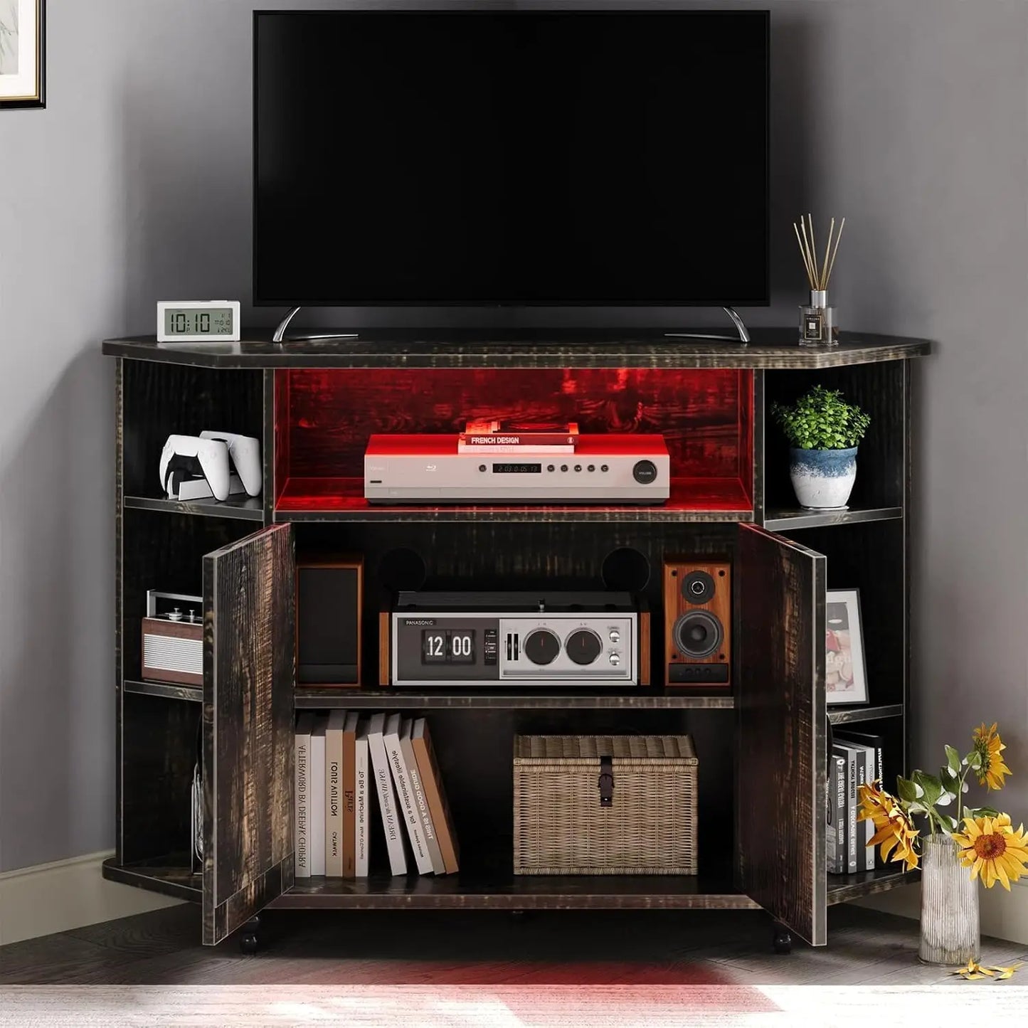 Farmhouse Corner TV Stand with LED Lights, Corner Entertainment Center