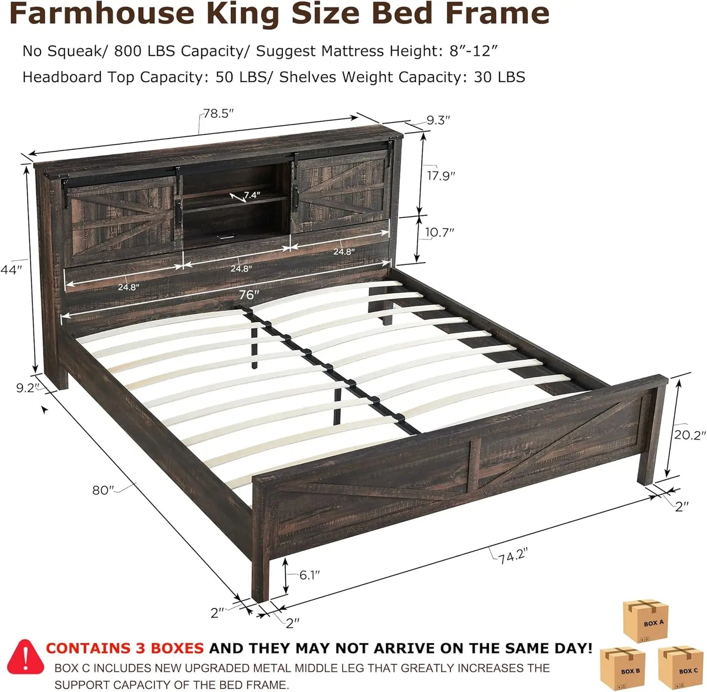 Farmhouse King Bed Frame w/Storage, Wooden Platform Bed