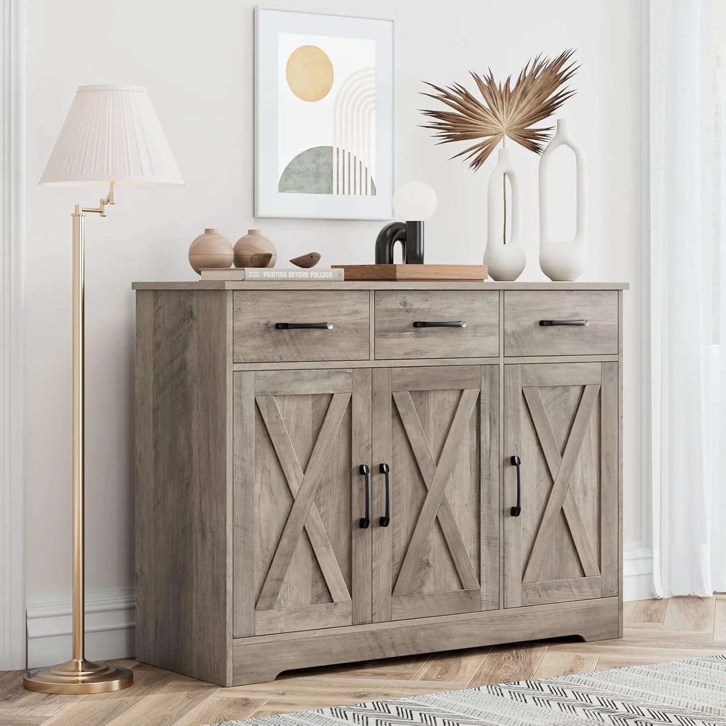 Modern Farmhouse Buffet Sideboard Cabinet, Barn Doors Storage