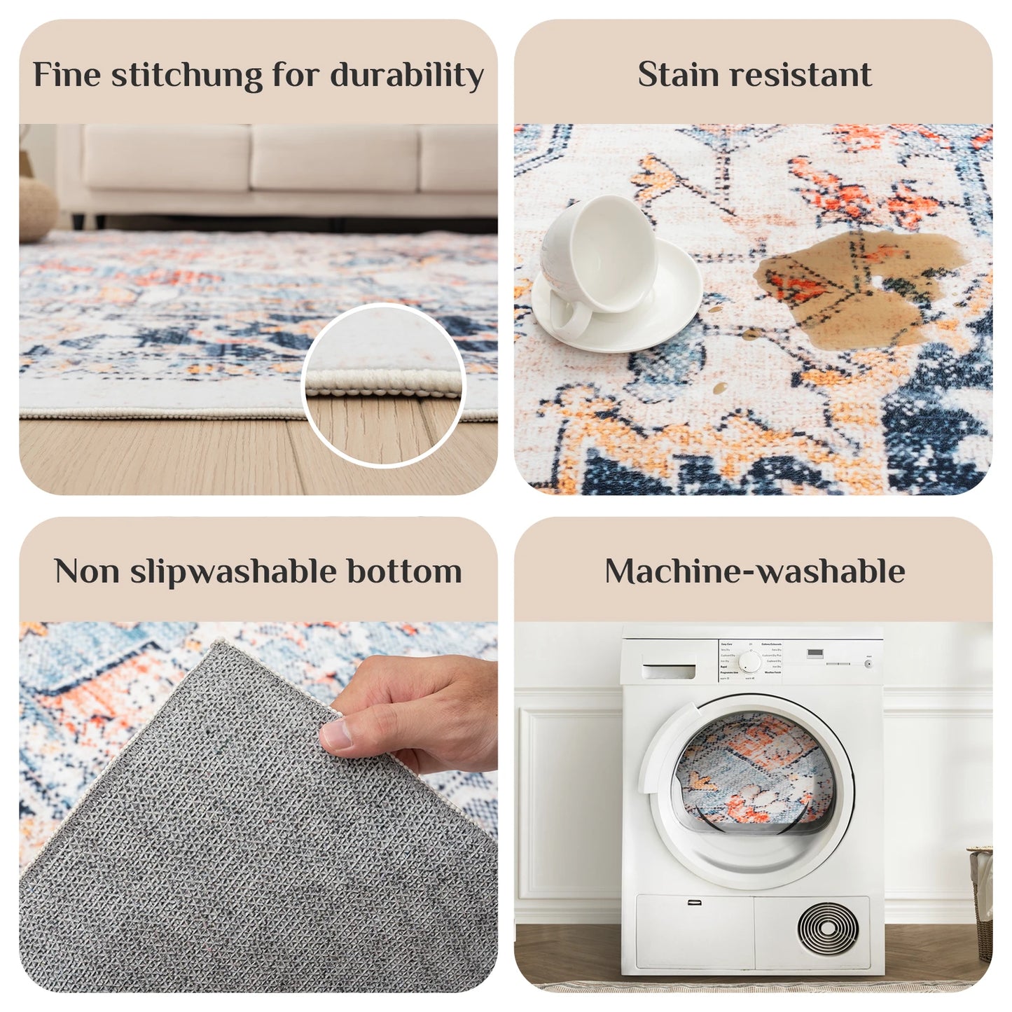 Washable Vintage Boho Design Area Rugs