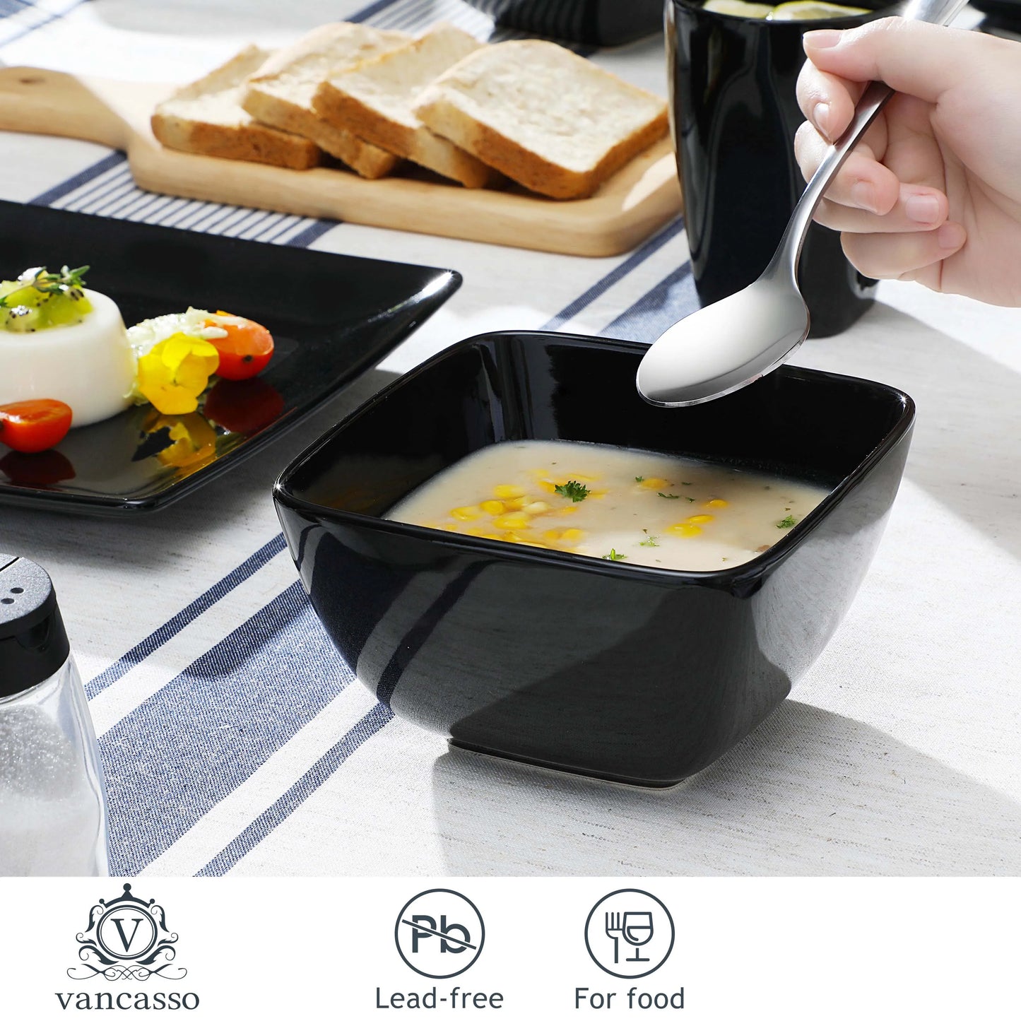 48-Piece Black Ceramic Porcelain Square Dinnerware Set