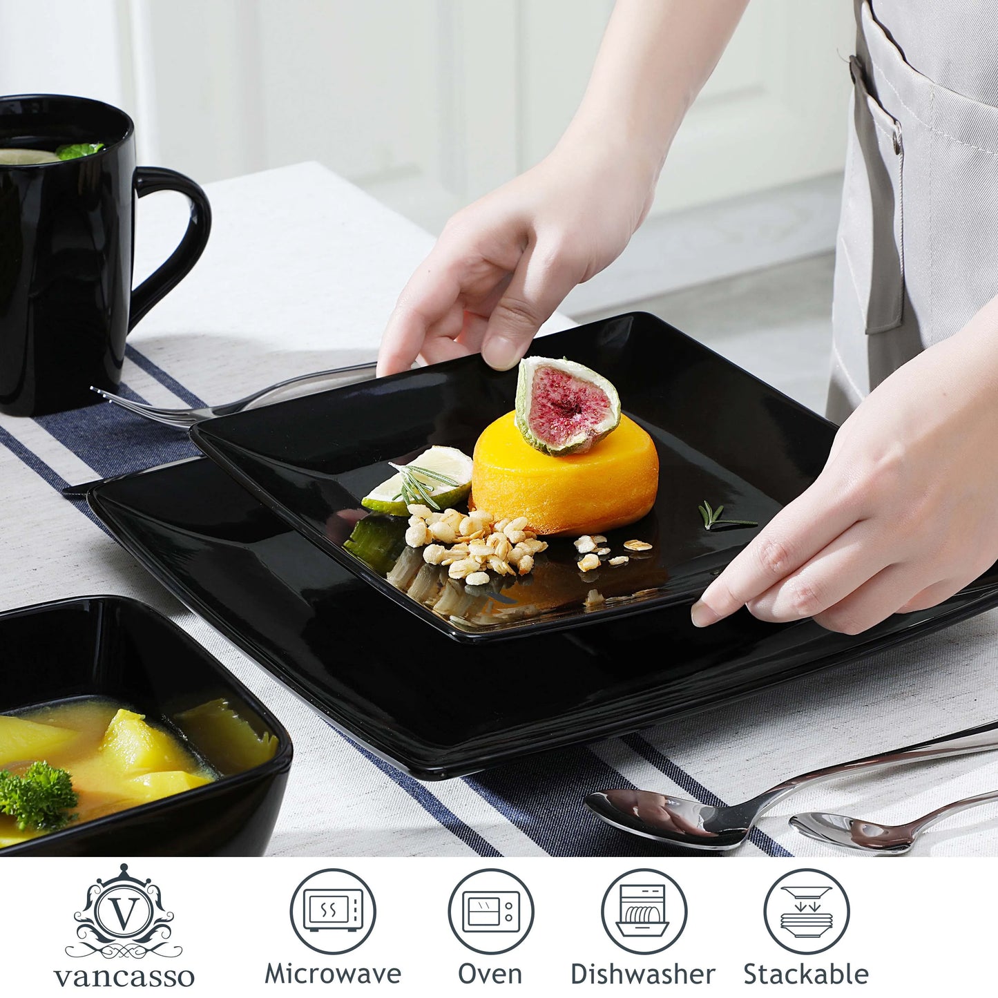 48-Piece Black Ceramic Porcelain Square Dinnerware Set