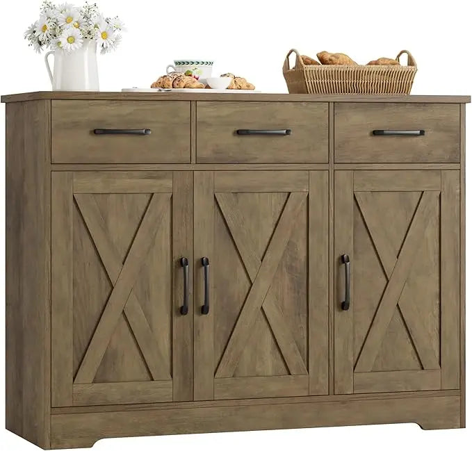 Modern Farmhouse Buffet Sideboard Cabinet, Barn Doors Storage