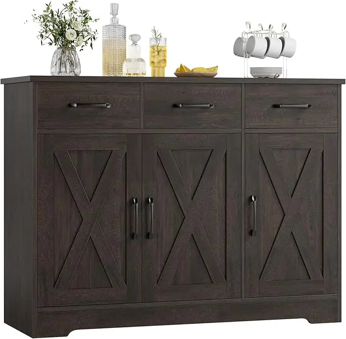 Modern Farmhouse Buffet Sideboard Cabinet, Barn Doors Storage
