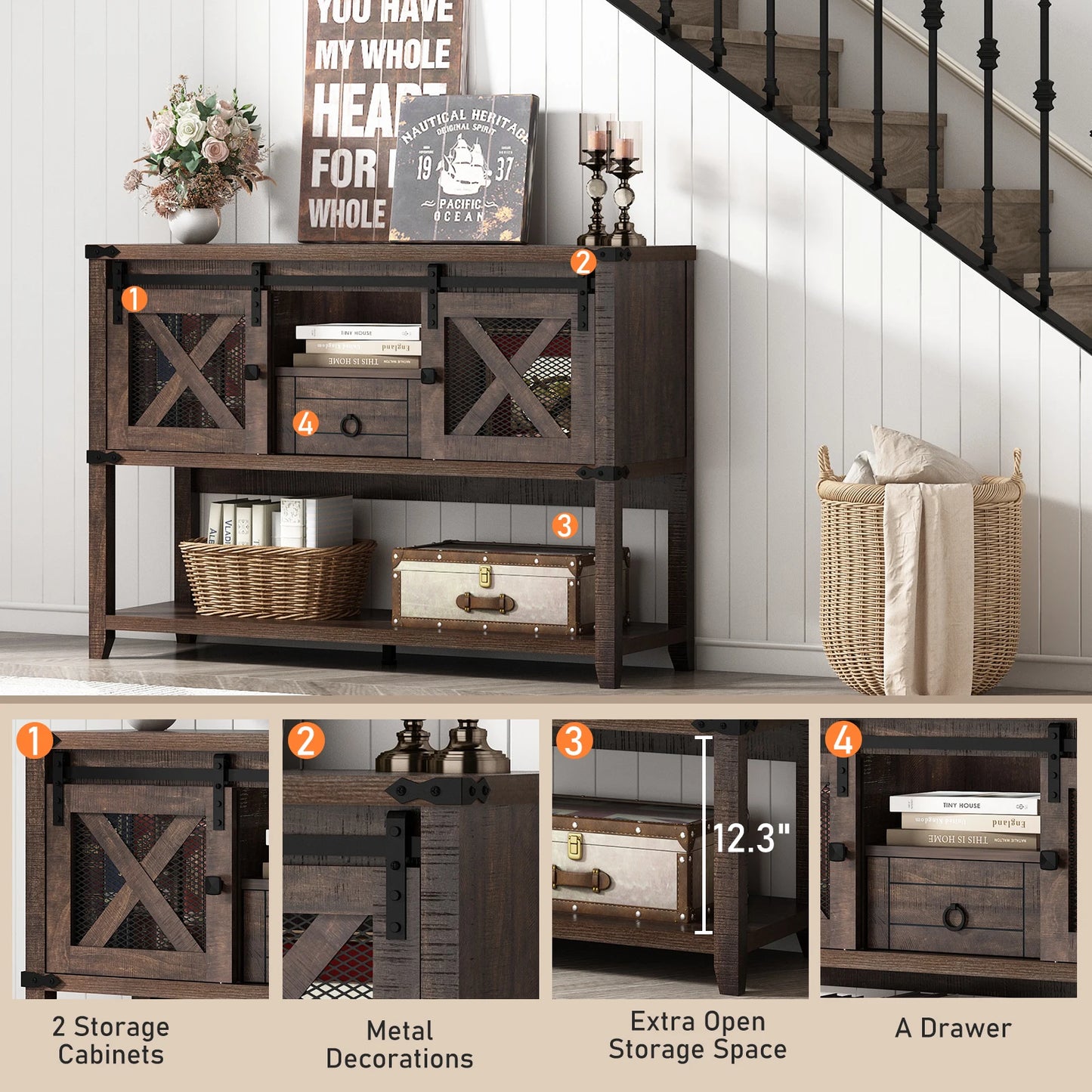 Farmhouse Entryway Table, Large Storage Console, Wood Accent Table