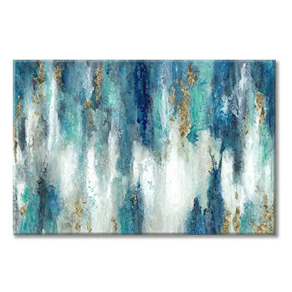 Blue Gold Abstract Canvas Wall Art, Modern Teal Painting Decor