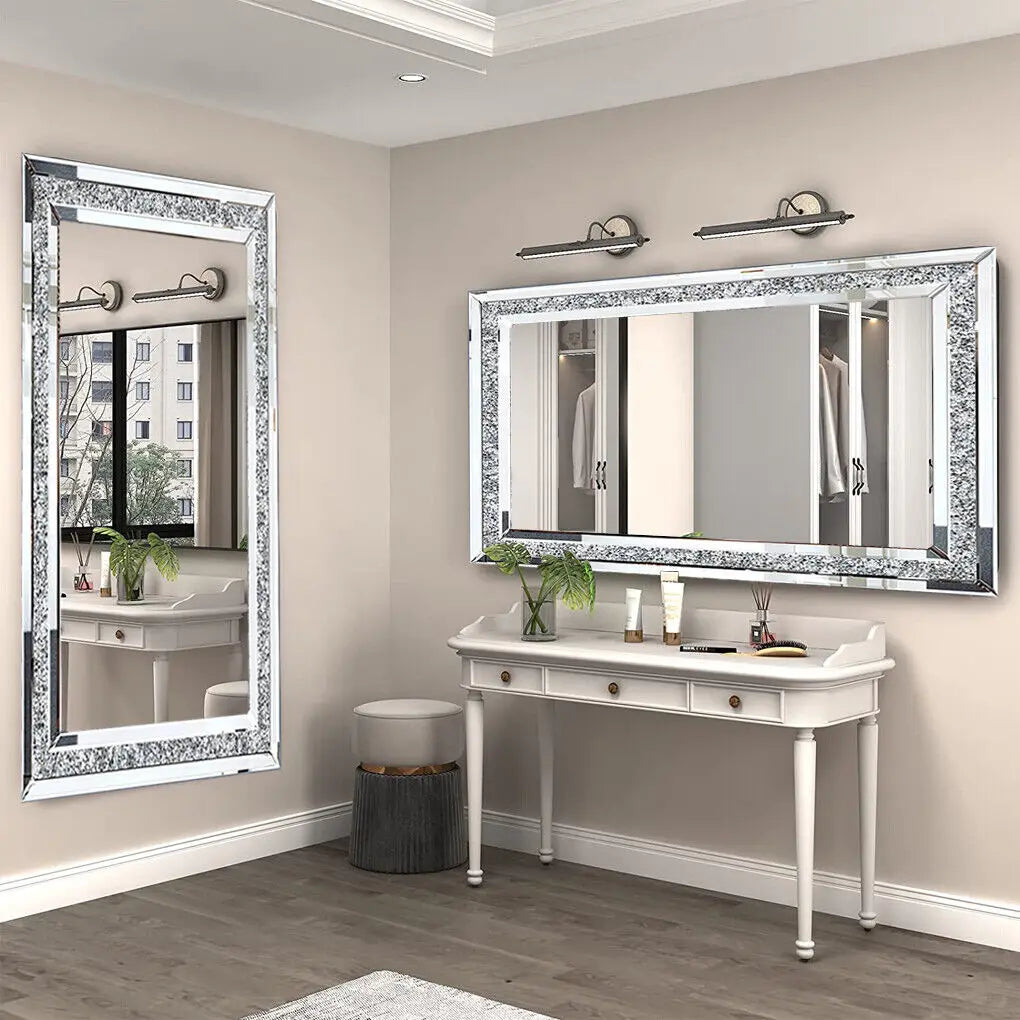 Large Silver Rhinestone Diamond Vanity Mirror, Wall-Mounted