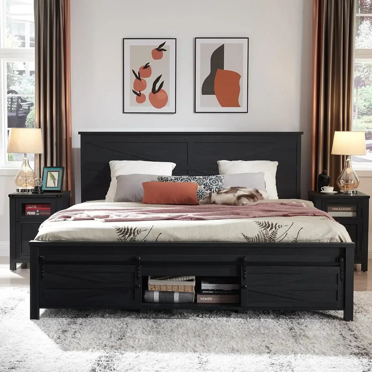 Farmhouse Wood Bed Frame with Storage