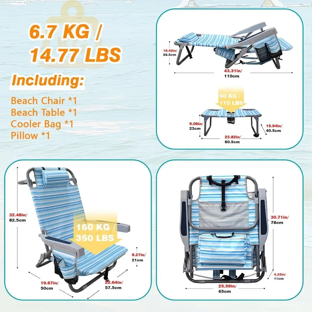 Backpack Folding Beach Chairs, Heavy Duty with Camping Table, Set of 2