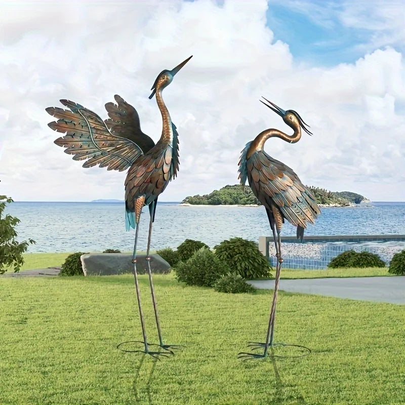 Rustic Metal Garden Crane Statues, Bird Sculptures