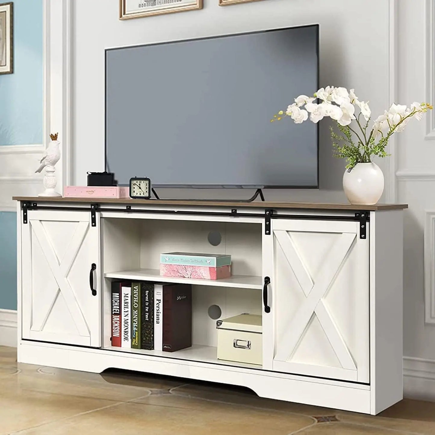 Modern Farmhouse TV Stand With Barn Door Storage Cabinets