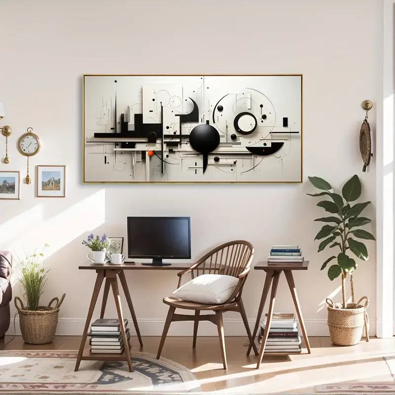 Modern Geometric Canvas Art Painting, Abstract Black & White Wall Decor
