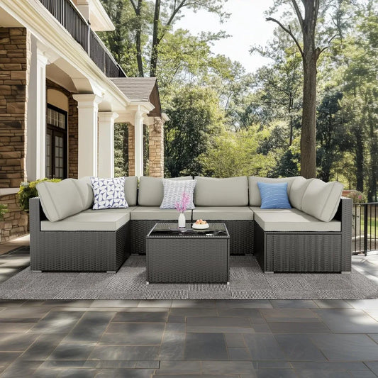 7 Pieces Patio Furniture Set - Outdoor Sectional Wicker Rattan