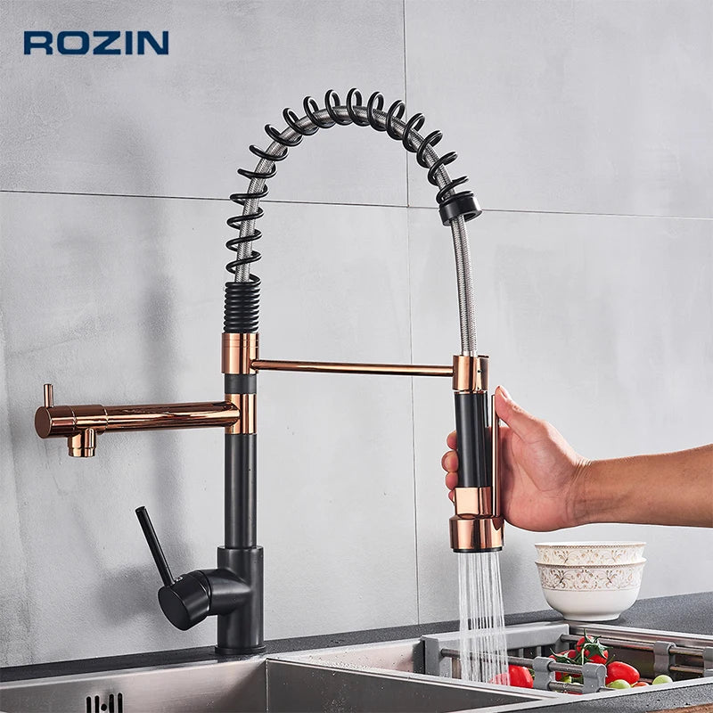 Black and Rose Golden Spring Pull Down Kitchen Sink Faucet, Dual Spout