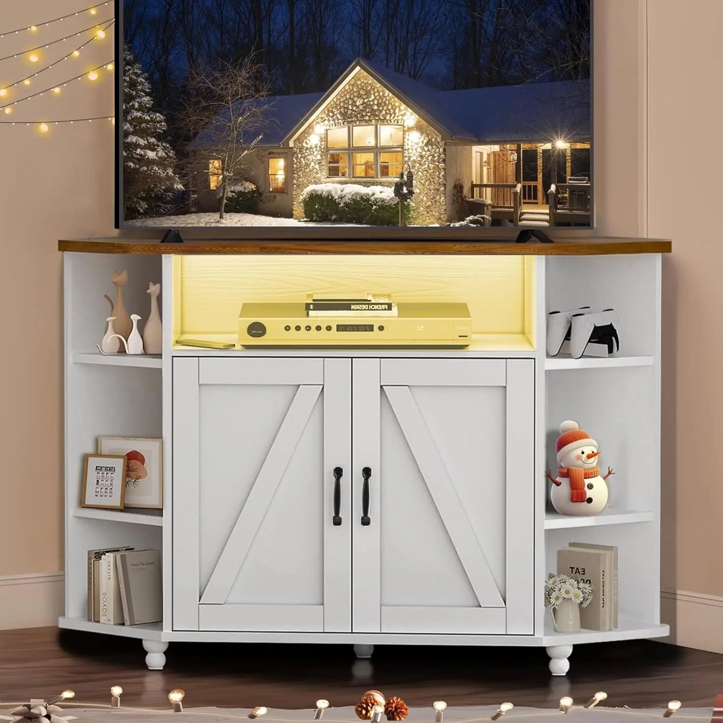 Farmhouse Corner TV Stand with LED Lights, Corner Entertainment Center