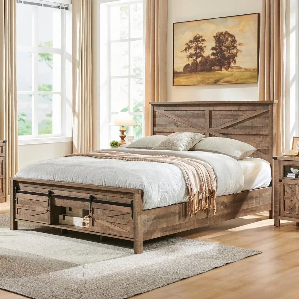 Farmhouse Wood Bed Frame with Storage