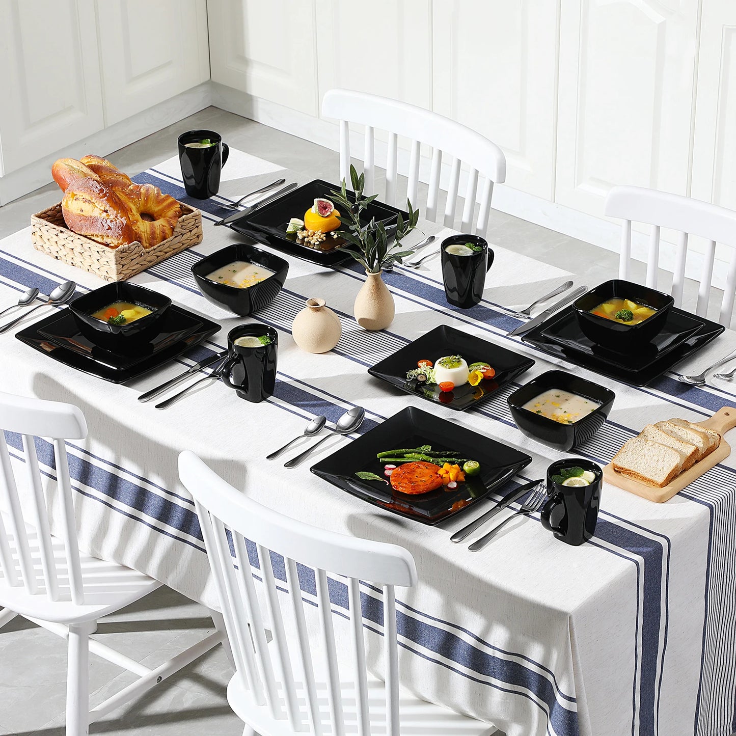 48-Piece Black Ceramic Porcelain Square Dinnerware Set