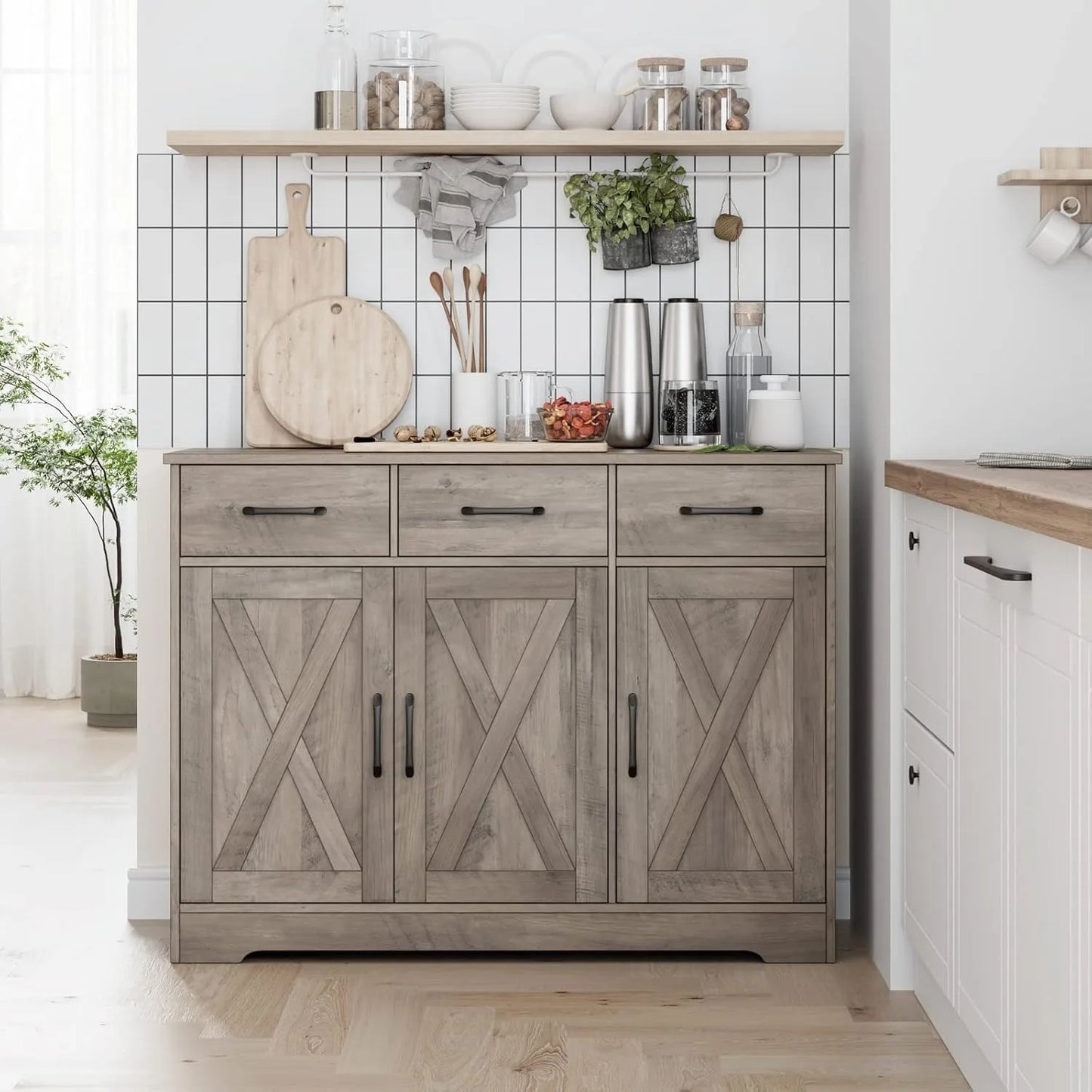 Modern Farmhouse Buffet Sideboard Cabinet, Barn Doors Storage