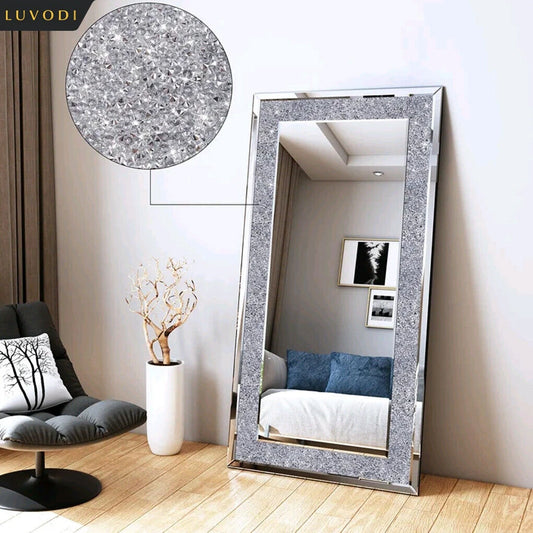 Large Silver Rhinestone Diamond Vanity Mirror, Wall-Mounted