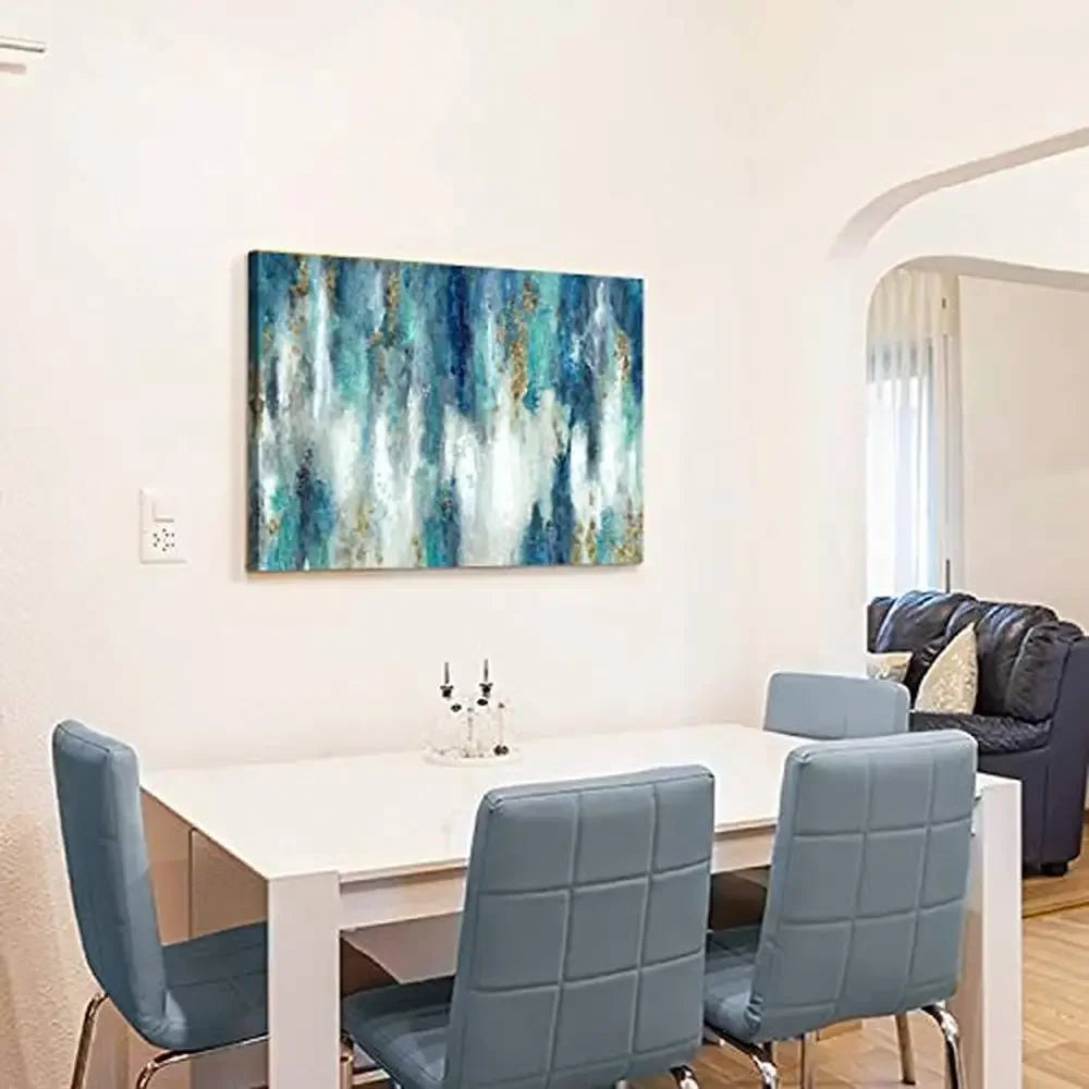 Blue Gold Abstract Canvas Wall Art, Modern Teal Painting Decor