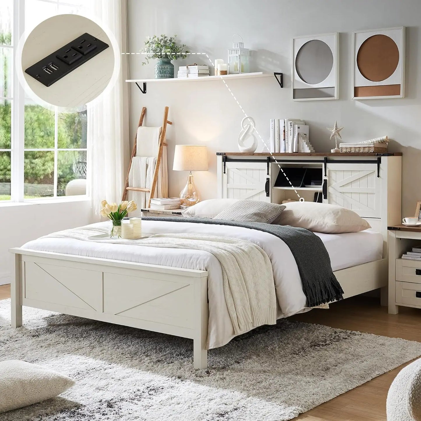 Farmhouse King Bed Frame w/Storage, Wooden Platform Bed