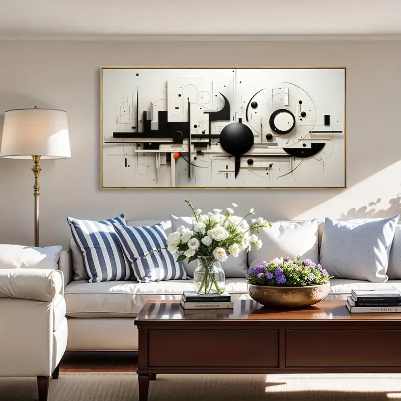 Modern Geometric Canvas Art Painting, Abstract Black & White Wall Decor