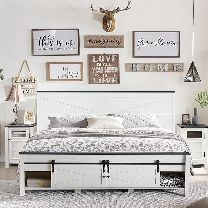 Farmhouse Wood Bed Frame with Storage