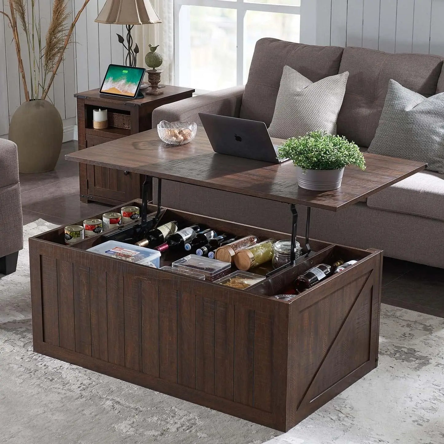 Rustic Wooden Raised Coffee Table with storage