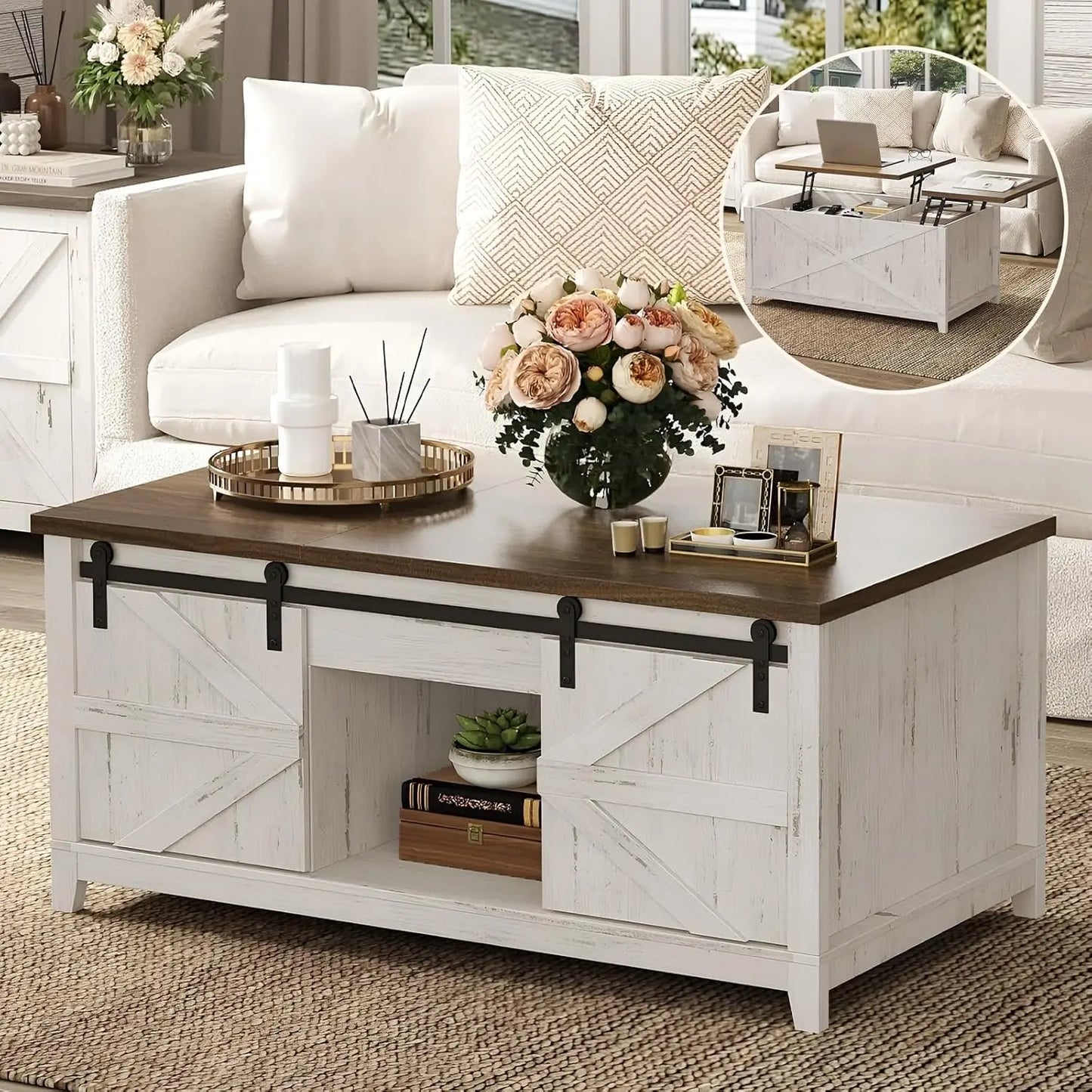 Farmhouse Coffee Table with Sliding Barn Doors and Storage