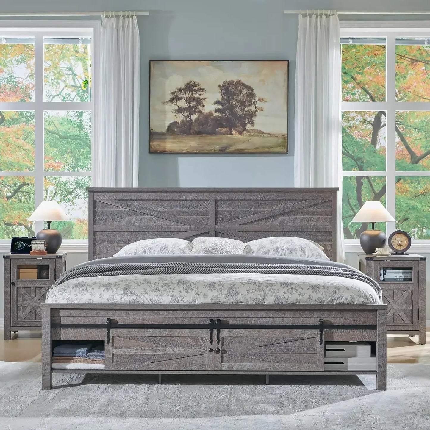 Farmhouse Wood Bed Frame with Storage