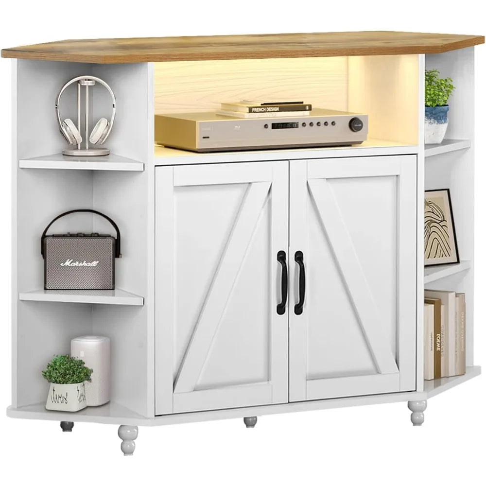Farmhouse Corner TV Stand with LED Lights, Corner Entertainment Center