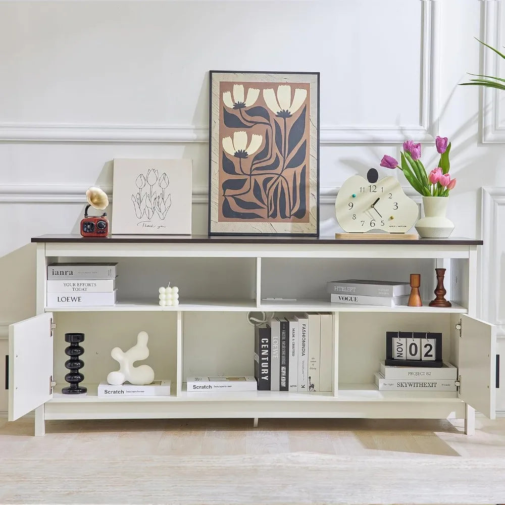 Rustic White Farmhouse TV Stand/Entertainment Center with Power Outlets