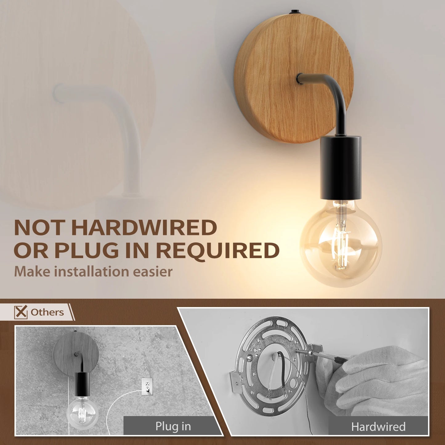 HYMELA AA Battery Operated Wall Lights, Cordless Light Fixtures, Wooden Wall Sconce