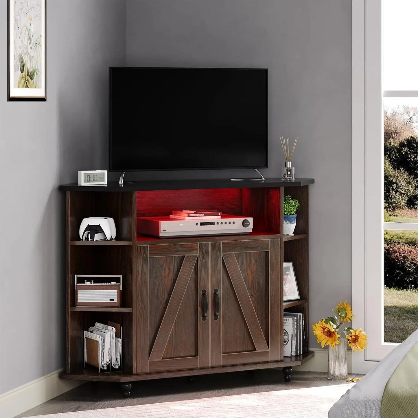 Farmhouse Corner TV Stand with LED Lights, Corner Entertainment Center