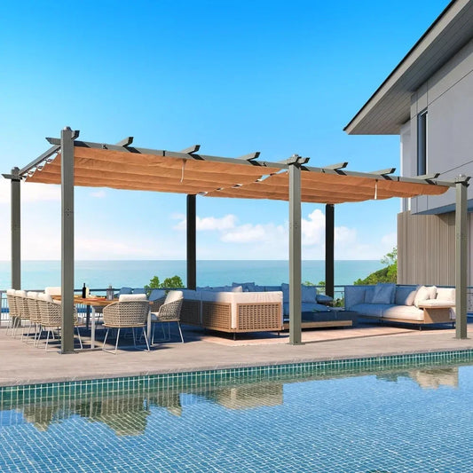 12 x 20 FT Aluminum Pergola with Retractable Canopy and Adjustable Sun Shade