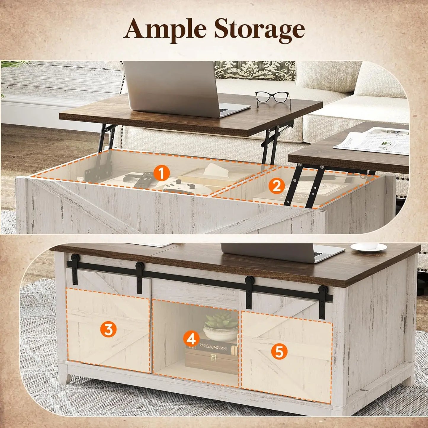 Farmhouse Coffee Table with Sliding Barn Doors and Storage