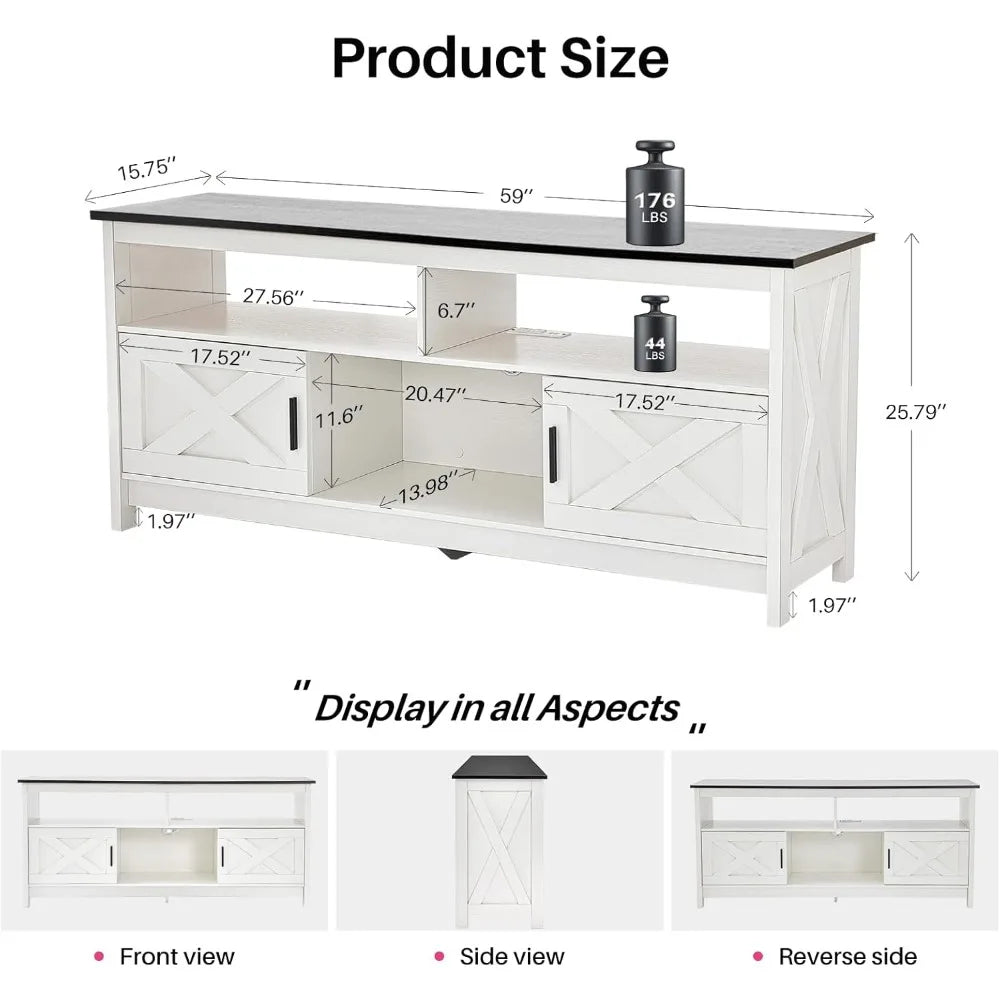 Rustic White Farmhouse TV Stand/Entertainment Center with Power Outlets