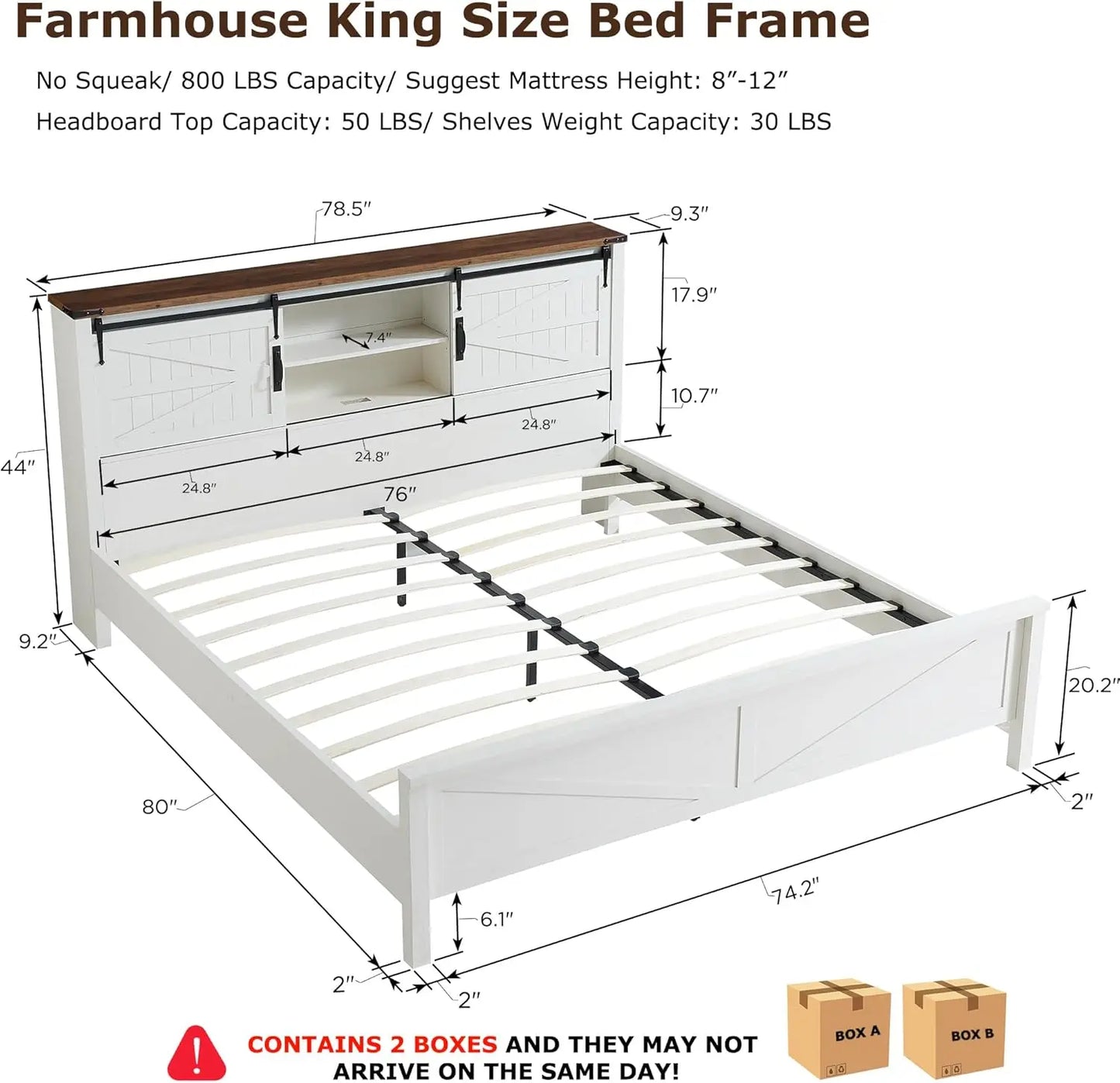 Farmhouse King Bed Frame w/Storage, Wooden Platform Bed