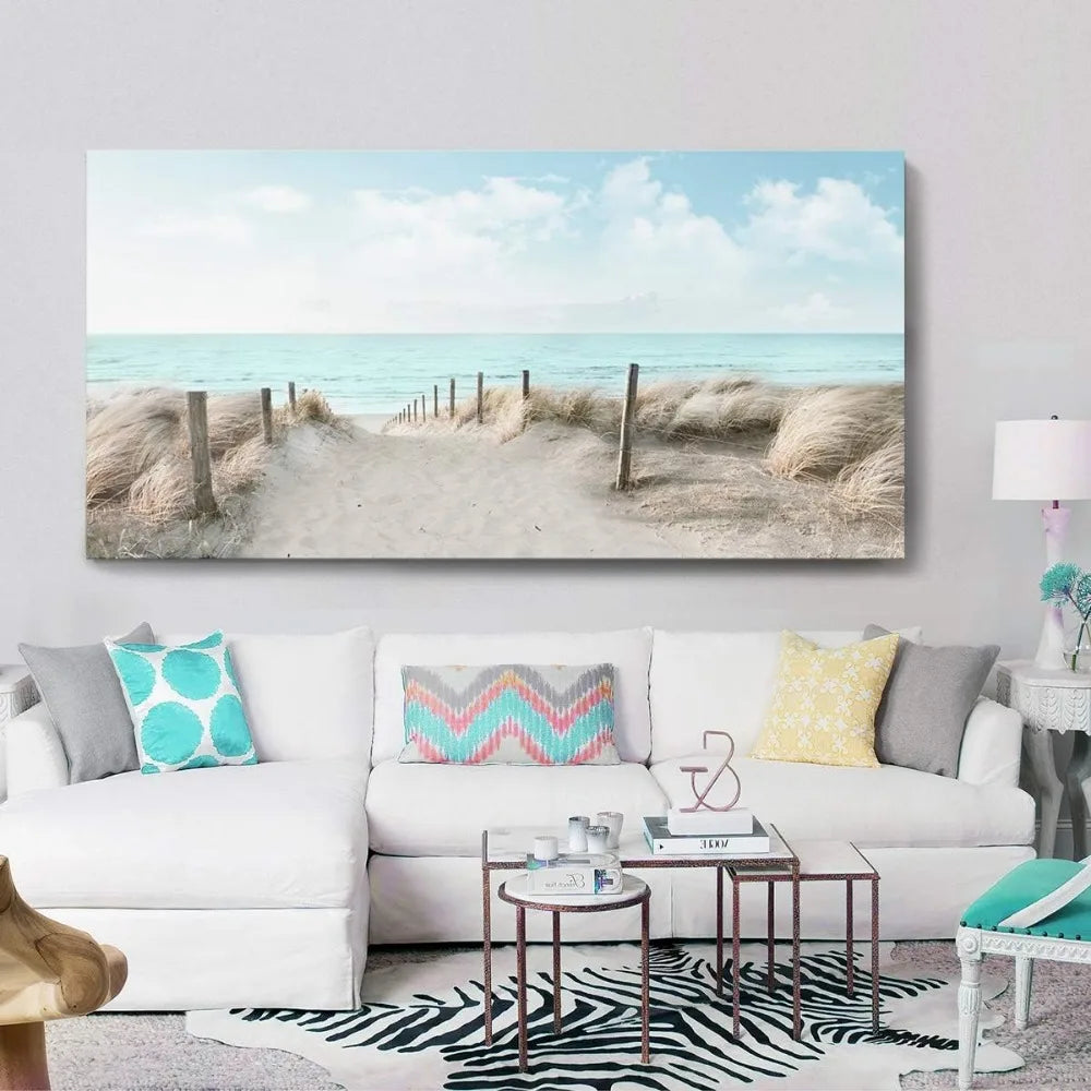 Sky Beach Painting, Framed Canvas Art, Modern Coastal Landscape