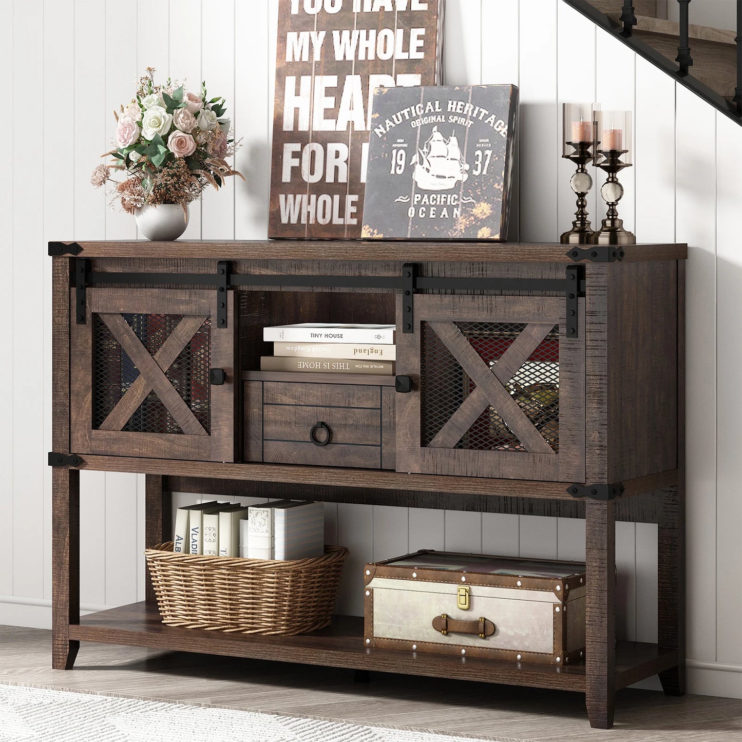 Farmhouse Entryway Table, Large Storage Console, Wood Accent Table