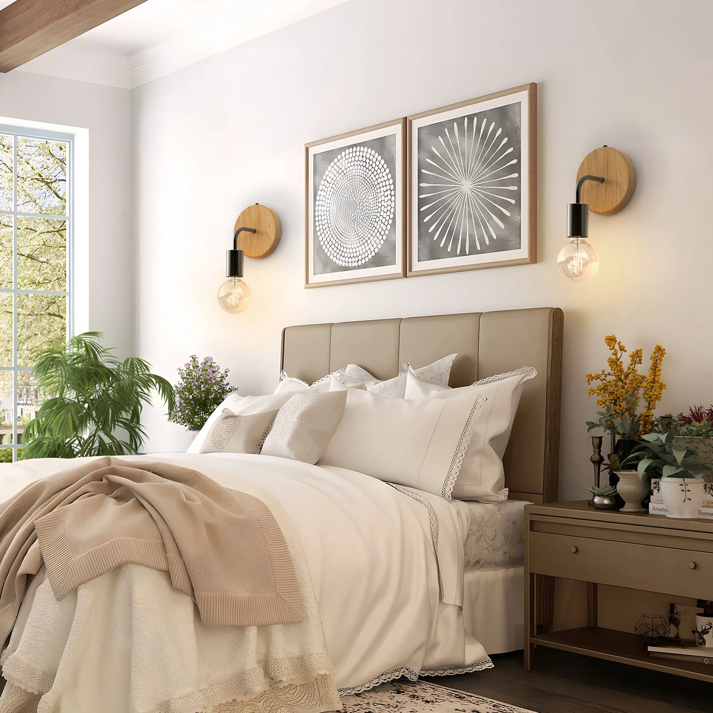 HYMELA AA Battery Operated Wall Lights, Cordless Light Fixtures, Wooden Wall Sconce